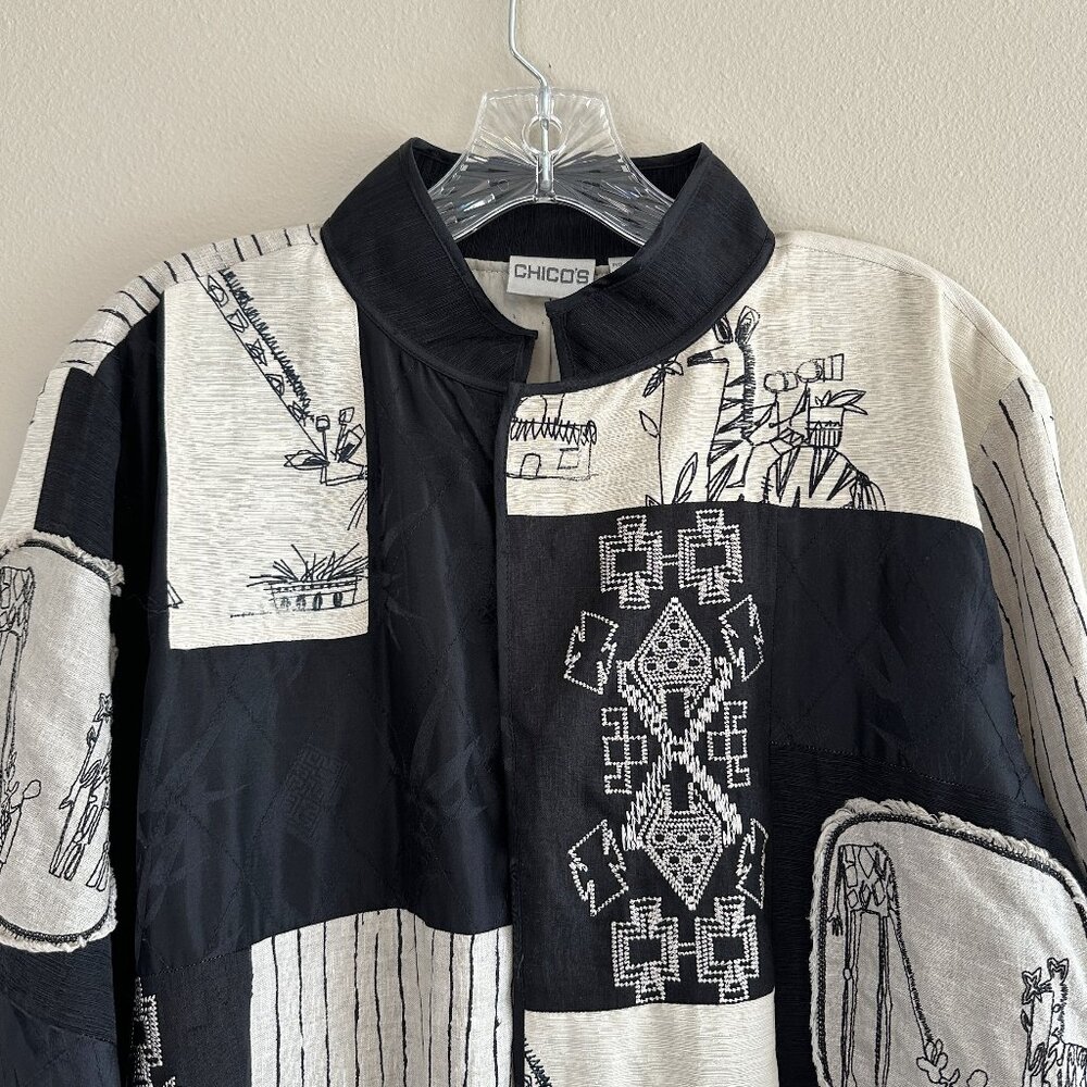 Chico's Silk and Linen Blend Patchwork Art to Wear Jacket, Black Cream, Large - Picture 3 of 11